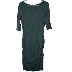 PrAna Women’s Green Midi Dress Small Ruched 3/4 Sleeve Stretch Casual Travel